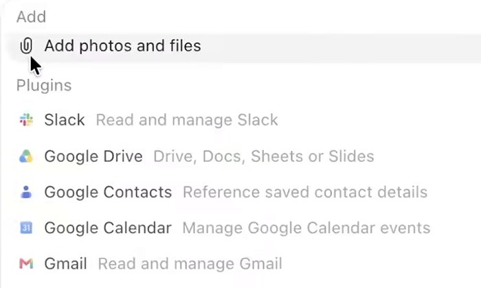 The Add menu: Add photos and files, then a Plugins list with Slack, Google Drive, Google Contacts, Google Calendar and Gmail, each with a one-line description