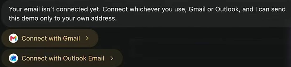 The dot's message: Your email isn't connected yet. Connect whichever you use, Gmail or Outlook. Under it, two buttons: Connect with Gmail and Connect with Outlook Email