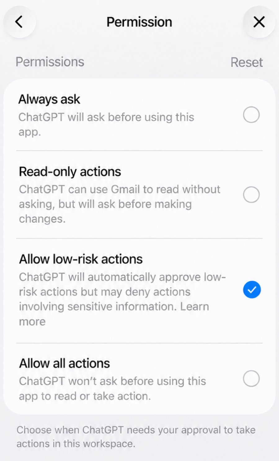 The Permission screen for Gmail with four choices: Always ask, Read-only actions, Allow low-risk actions (selected) and Allow all actions, each with a line of explanation