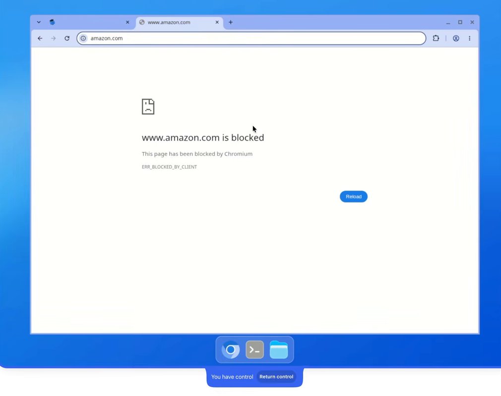 The cloud computer's browser showing www.amazon.com is blocked. This page has been blocked by Chromium. Under the screen the bar reads You have control