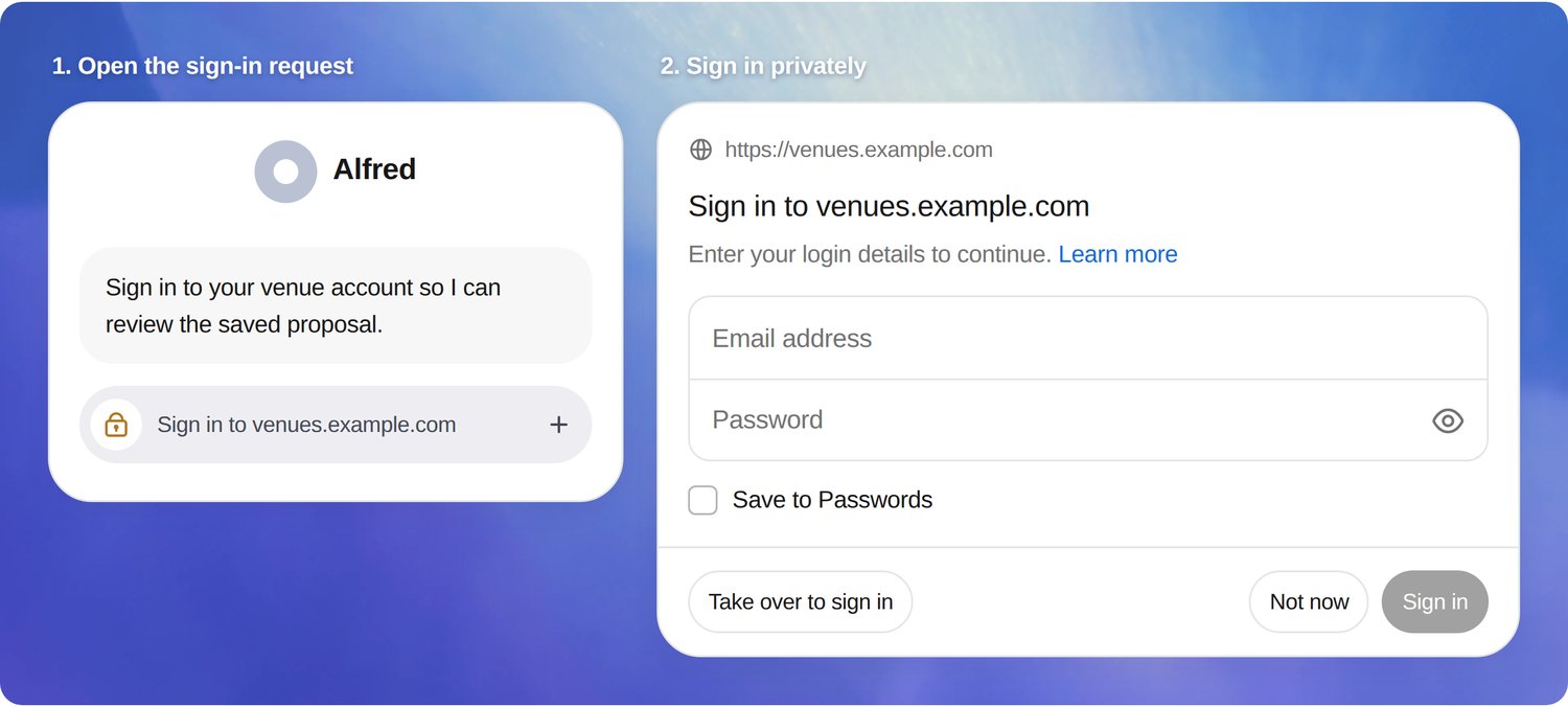 A message from the dot: Sign in to your venue account so I can review the saved proposal, with a row under it reading Sign in to venues.example.com