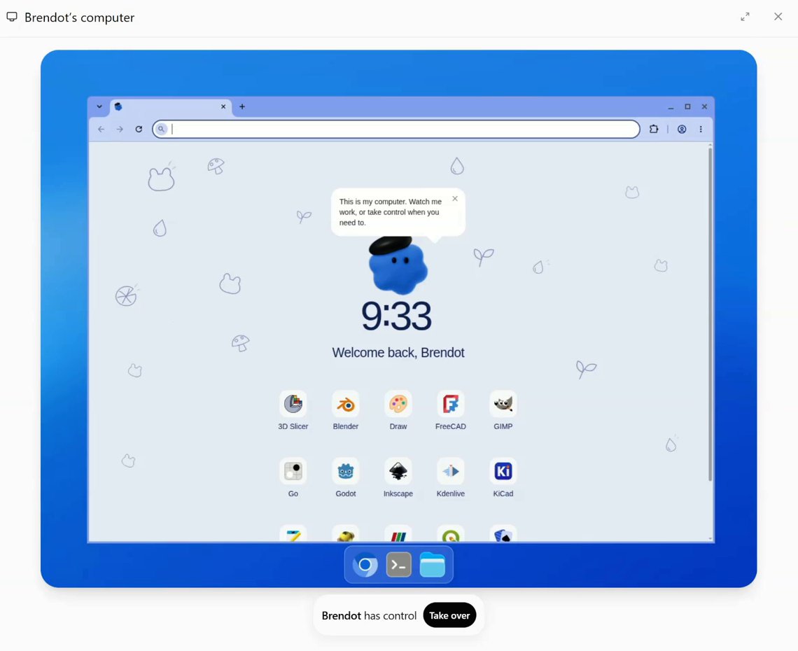 The cloud computer open beside a conversation: a desktop inside a thick blue frame, a browser start page with a clock and app shortcuts, a dock with three icons, and under it the words Brendot has control and a Take over button
