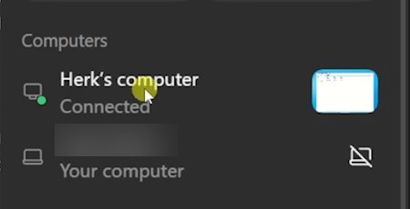 The Computers list after connecting. The second row, Your computer, now ends in a small icon of a laptop with a line through it