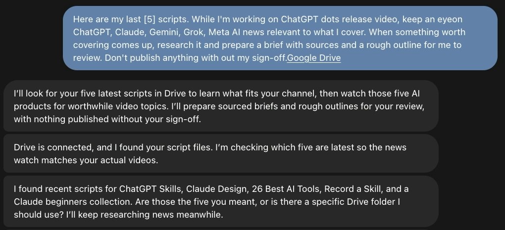 A request that points the dot at five scripts in Google Drive. The dot replies: Drive is connected, and I found your script files. Then it names the five files it found and asks: Are those the five you meant, or is there a specific Drive folder I should use?