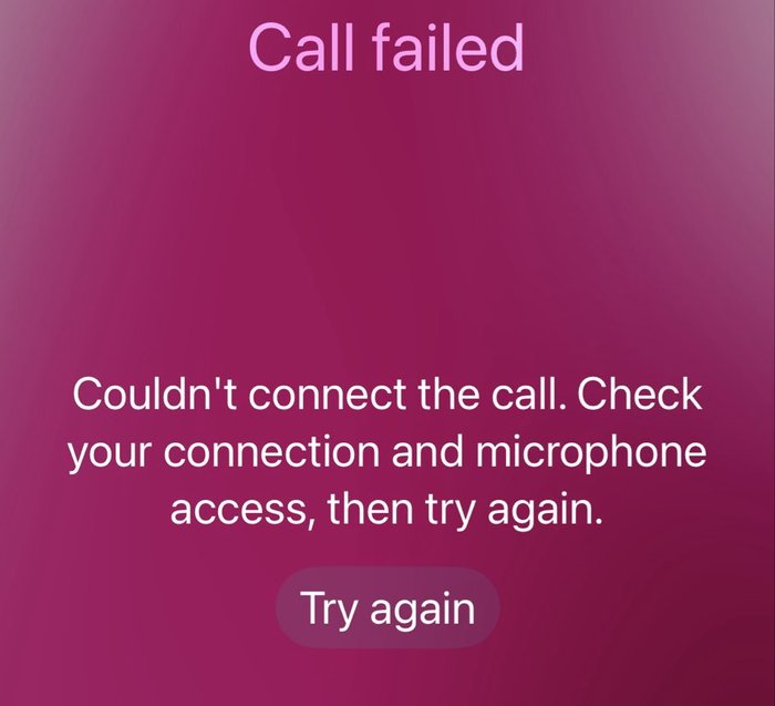 A phone call screen. Heading: Call failed. Text: Couldn't connect the call. Check your connection and microphone access, then try again. Button: Try again