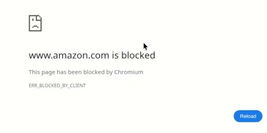 A browser error page: www.amazon.com is blocked. This page has been blocked by Chromium. ERR_BLOCKED_BY_CLIENT. A Reload button