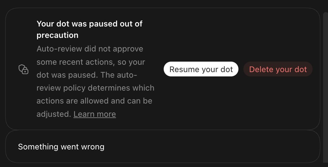 A notice: Your dot was paused out of precaution. Auto-review did not approve some recent actions, so your dot was paused. The auto-review policy determines which actions are allowed and can be adjusted. Learn more. Buttons: Resume your dot and Delete your dot. A second line under it reads Something went wrong
