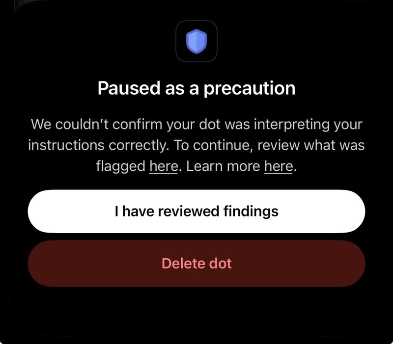 A sheet with a shield icon. Heading: Paused as a precaution. Text: We couldn’t confirm your dot was interpreting your instructions correctly. To continue, review what was flagged here. Learn more here. Buttons: I have reviewed findings, and in red, Delete dot