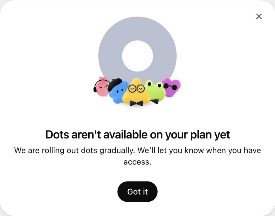 A dialog with five dot characters. Heading: Dots aren't available on your plan yet. Text: We are rolling out dots gradually. We’ll let you know when you have access. Button: Got it