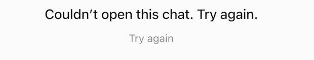 The main area of the Scheduled page: Couldn’t open this chat. Try again. Under it, a Try again link