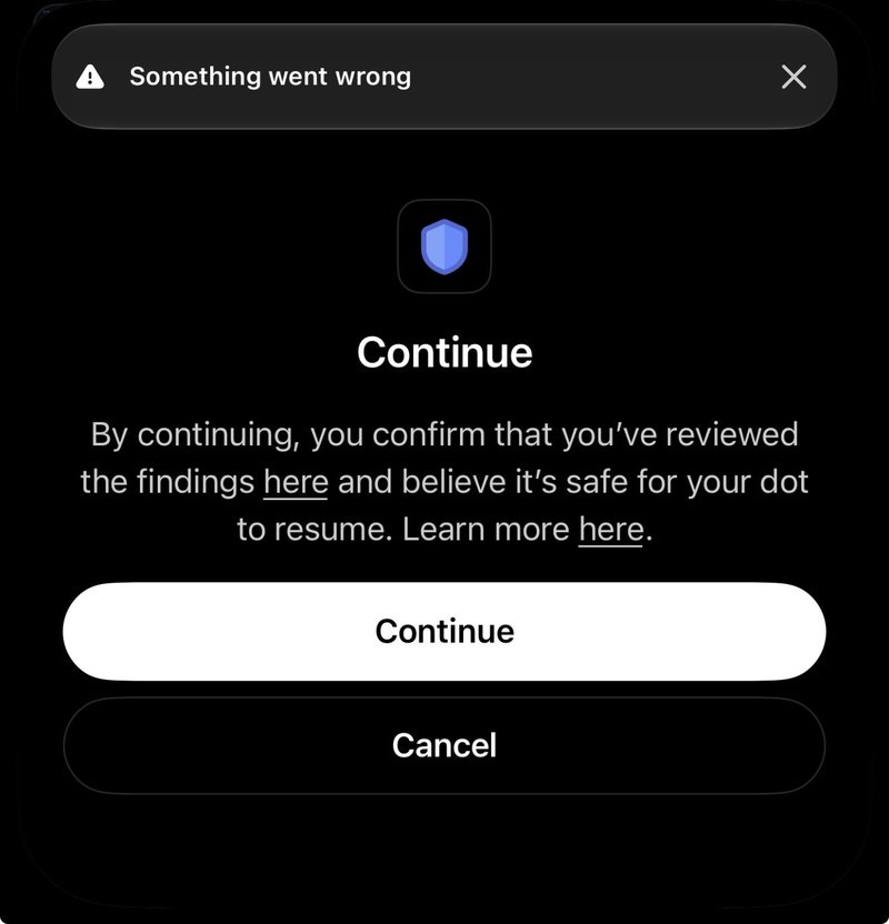 A sheet titled Continue: By continuing, you confirm that you’ve reviewed the findings here and believe it’s safe for your dot to resume. Learn more here. Buttons: Continue and Cancel. Above it, a notice with a warning icon: Something went wrong