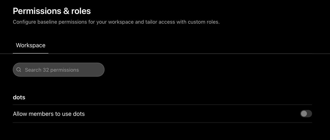 The admin page Permissions & roles, Workspace tab. Under the heading dots, one switch, Allow members to use dots, is off