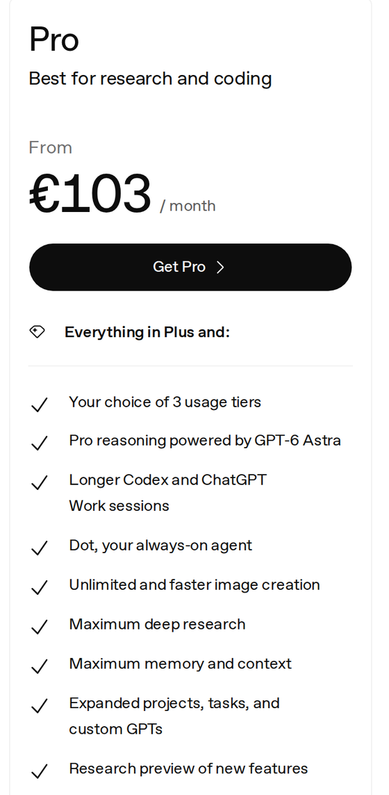 The Pro card on ChatGPT's pricing page as shown in Germany: From €103 a month, Get Pro, and a list that includes Dot, your always-on agent