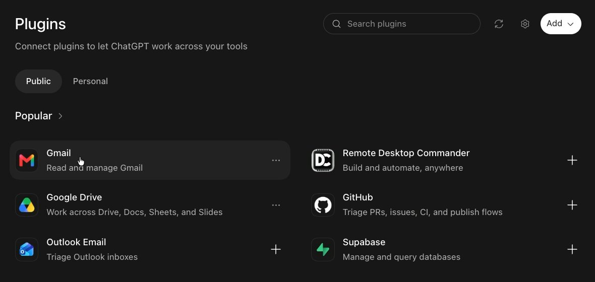 The Plugins page with a Popular list. Gmail and Google Drive end in three dots. GitHub, described as Triage PRs, issues, CI, and publish flows, ends in a plus