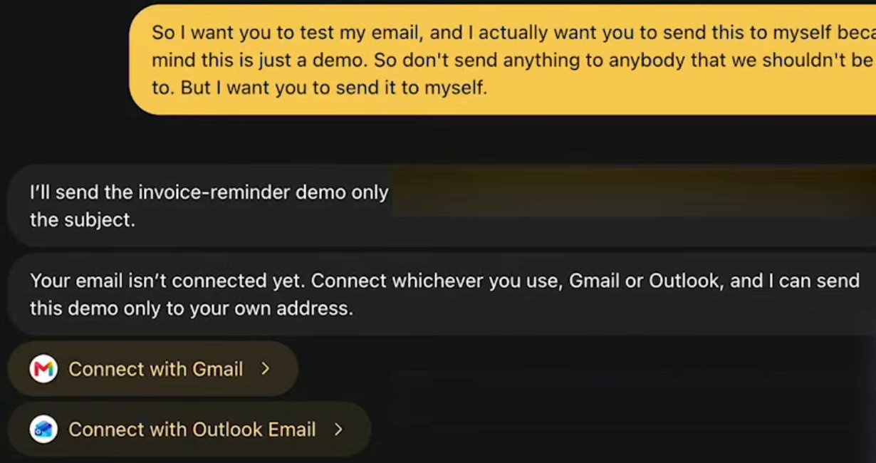 A request to send a test email to myself. The dot answers: Your email isn't connected yet. Connect whichever you use, Gmail or Outlook, and I can send this demo only to your own address. Two buttons follow: Connect with Gmail and Connect with Outlook Email