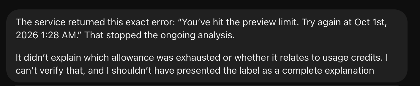 A dot's message: The service returned this exact error: You’ve hit the preview limit. Try again at Oct 1st, 2026 1:28 AM. That stopped the ongoing analysis.