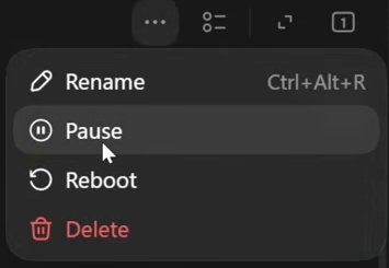 The dot menu, opened from the three dots: Rename, Pause, Reboot, and Delete in red with a bin icon