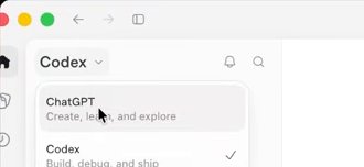 The desktop app's mode menu, opened from the word Codex: ChatGPT, Create, learn, and explore; and Codex, Build, debug, and ship