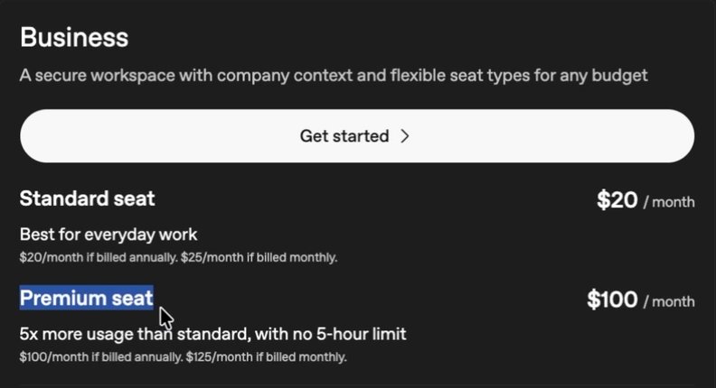 The Business card on ChatGPT's pricing page: Standard seat $20 a month, Premium seat $100 a month, each with a smaller line giving the annual and monthly billing prices