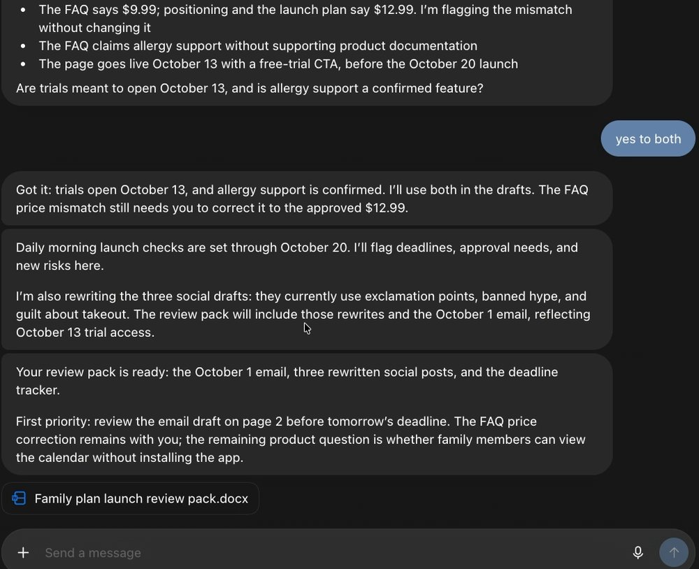 A dot lists problems it found, including: The FAQ says $9.99; positioning and the launch plan say $12.99. I'm flagging the mismatch without changing it. The owner answers a question with yes to both. The dot writes: Daily morning launch checks are set through October 20. Then: Your review pack is ready. The FAQ price correction remains with you. Under it, a file chip: Family plan launch review pack.docx