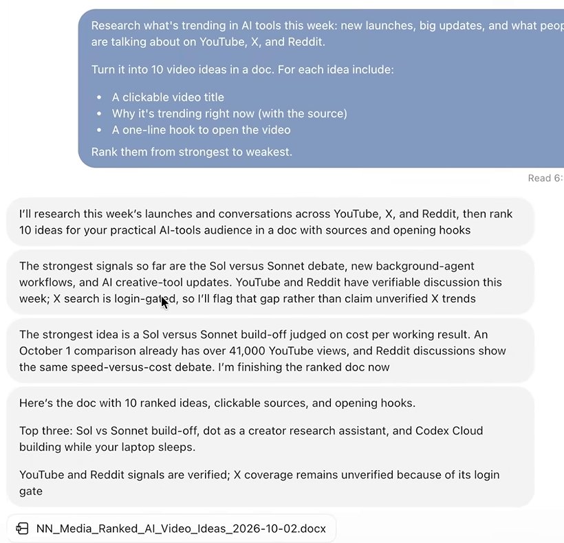 A research request with a bulleted list of what each idea should include. The dot restates the job, posts two progress notes, then writes: Here's the doc with 10 ranked ideas, clickable sources, and opening hooks. YouTube and Reddit signals are verified; X coverage remains unverified because of its login gate. Under it, a file chip ending .docx