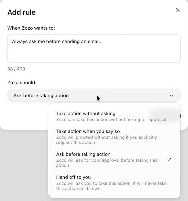The Add rule dialog with the behavior menu open: Take action without asking; Take action when you say so; Ask before taking action, ticked; Hand off to you. Each has a line of explanation under it