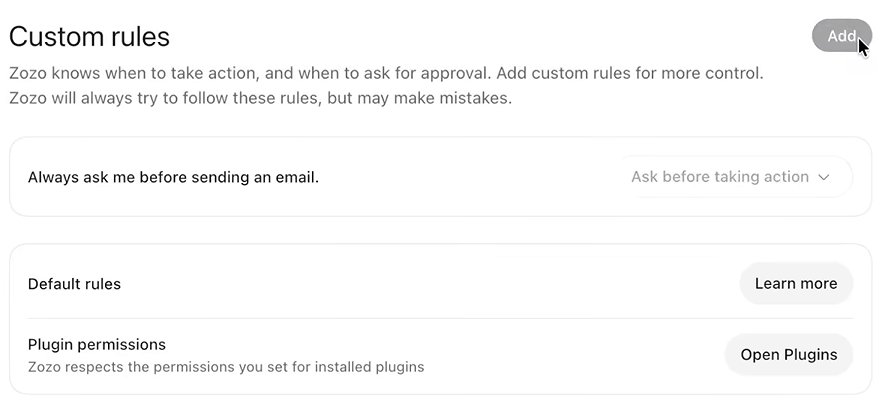 The Custom rules list with one rule: Always ask me before sending an email, with its behavior, Ask before taking action, in a menu at the right. Below it, a Default rules row with a Learn more button and a Plugin permissions row with an Open Plugins button