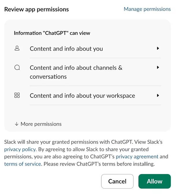Slack's permission page: Review app permissions. Information ChatGPT can view: content and info about you, content and info about channels and conversations, content and info about your workspace. More permissions. Cancel and Allow buttons