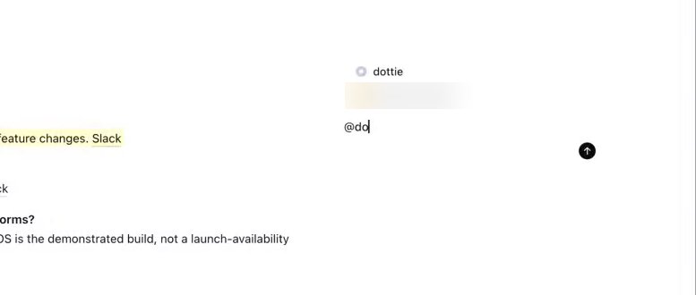 A comment box in the margin of a page, beside an FAQ, with @do typed in it. Above it a picker lists a dot named dottie first and a teammate, blurred, below