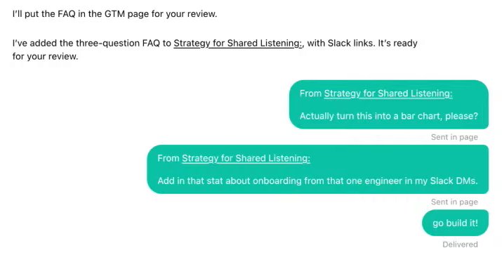 A dot's conversation. The dot writes: I've added the three-question FAQ to Strategy for Shared Listening, with Slack links. It's ready for your review. Below, two requests from the owner each begin From Strategy for Shared Listening and end with the label Sent in page