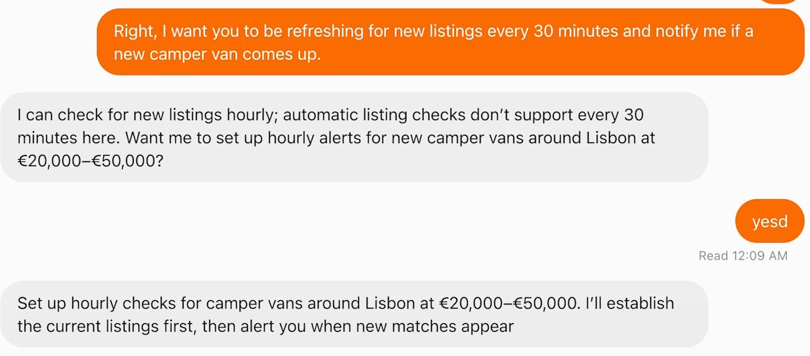 The owner writes: I want you to be refreshing for new listings every 30 minutes and notify me if a new camper van comes up. The dot answers that it can check hourly because automatic listing checks don't support every 30 minutes here, and asks whether to set up hourly alerts. The owner says yes. The dot confirms: Set up hourly checks.