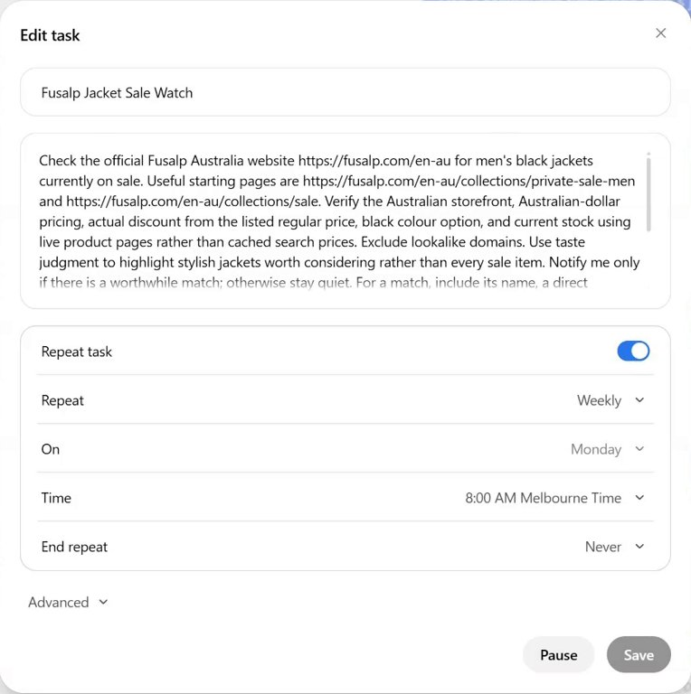 The Edit task dialog: the name Fusalp Jacket Sale Watch, the instructions the dot wrote for itself, a Repeat task switch turned on, Repeat Weekly, On Monday, Time 8:00 AM Melbourne Time, End repeat Never, an Advanced section, and Pause and Save buttons