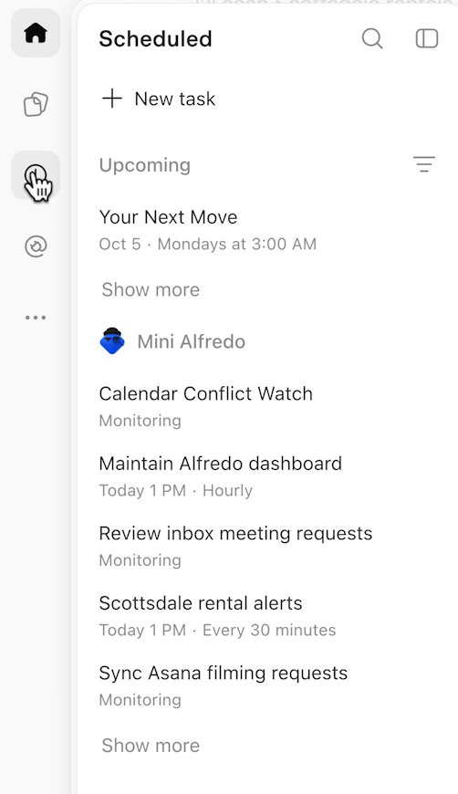 ChatGPT's Scheduled panel: New task, Upcoming, then a group headed Mini Alfredo with five tasks: Calendar Conflict Watch, Monitoring; Maintain Alfredo dashboard, Today 1 PM, Hourly; Review inbox meeting requests, Monitoring; Scottsdale rental alerts, Today 1 PM, Every 30 minutes; Sync Asana filming requests, Monitoring