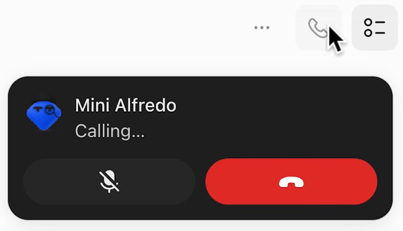A dark call card with the dot's name, the line Calling..., a mute button and a red hang-up button